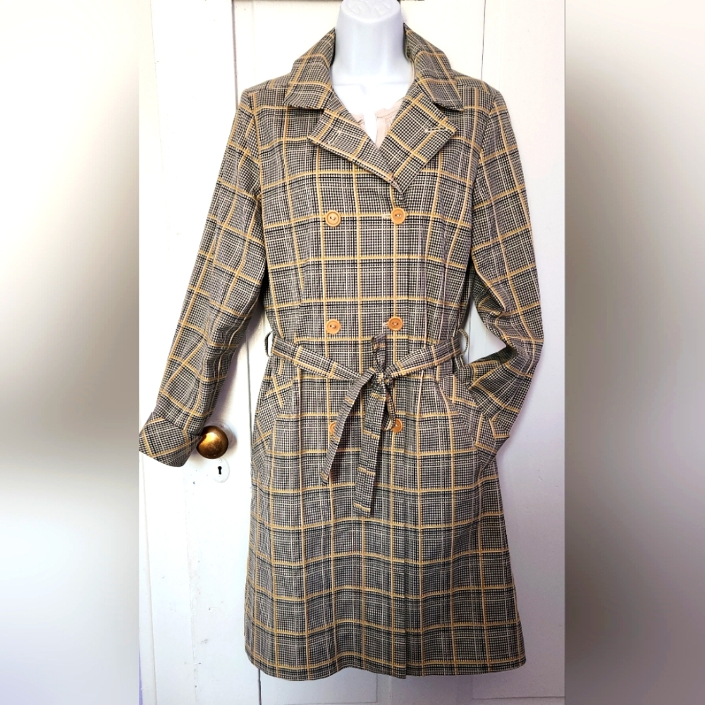 Cotelac Plaid Double-Breasted Women's Trench Coat Sz M-L